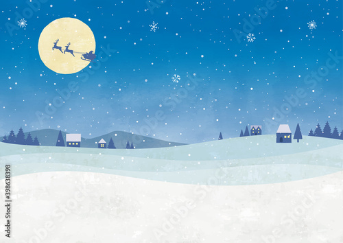 夕暮れのクリスマスの雪の街水彩