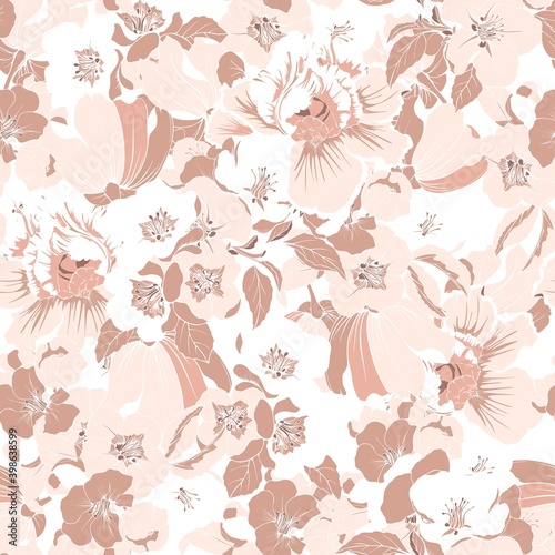 Delicate Nude flowers pattern. Vector seamless floral design.