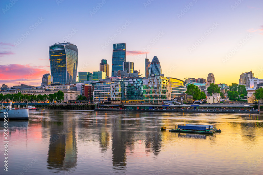 London financial district near south bank of river Thames at sunrise