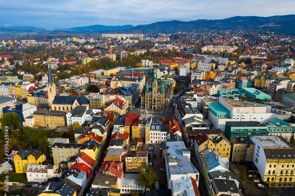 Obraz premium Aerial view of Liberec cityscape with buildings and streets, Czech Republic