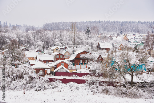 Wallpaper Mural snow-covered village with bright wooden houses on the background of the forest and overcast sky. Winter rural landscape. Torontodigital.ca