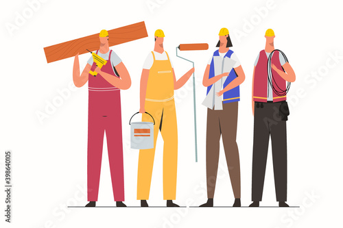 Civil engineering team. Professional construction team. Male and female engineers in hard hats. Flat vector illustration