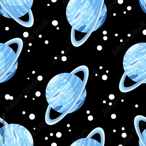 Uranus abstract seamless space pattern background with planets with rings on black background. Solar system planets children wallpaper texture tile. Vector image