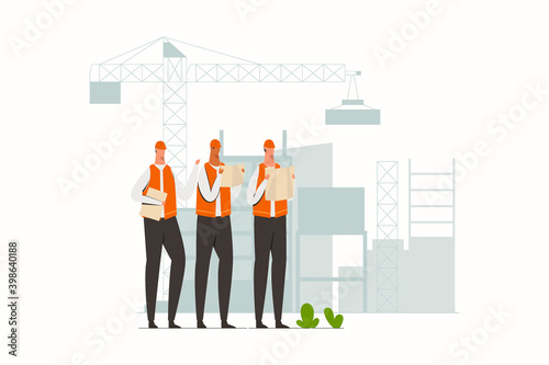 Construction engineer looking at blueprint in construction site. Male engineers in hard hats discuss new project. Flat vector character illustration