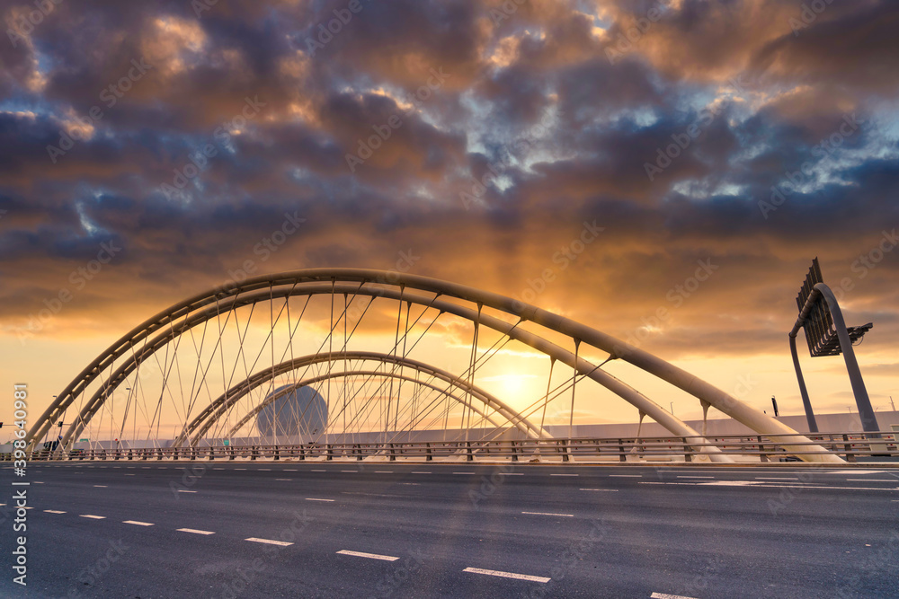 Viaduct at Al Raha road in Abu Dhabi viewed at sandstorm, UAE