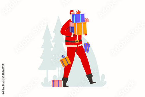 Santa claus carrying and delivery gift boxes. Merry christmas celebration. Happy holiday and winter season. Flat vector illustration