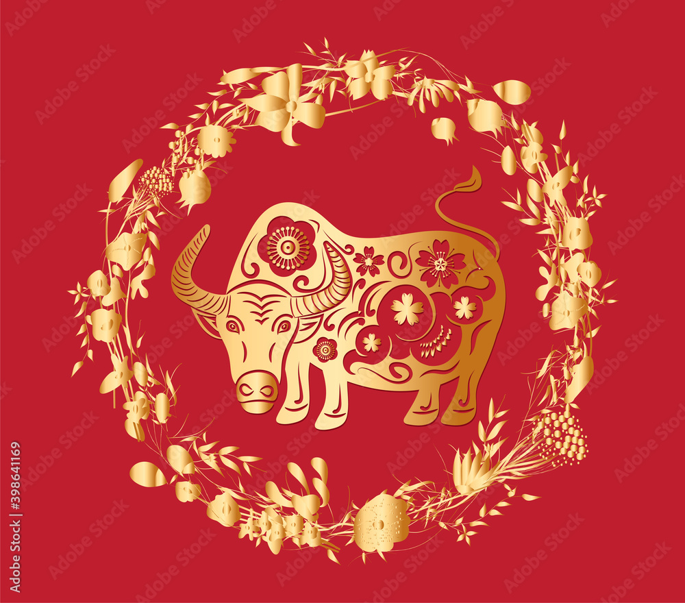 Fototapeta premium Chinese Happy new year 2021. Year of the bull. Gold and red Greeting card , poster, emblem