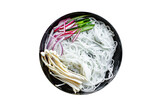 rice noodles Enoki mushrooms vegetable cellophane pasta Miso Ramen soup funchose pho seafood on the table Enokitake, sesame meal top view copy space for text food background