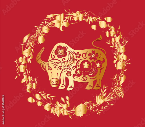 Chinese Happy new year 2021. Year of the bull. Gold and red Greeting card   poster  emblem