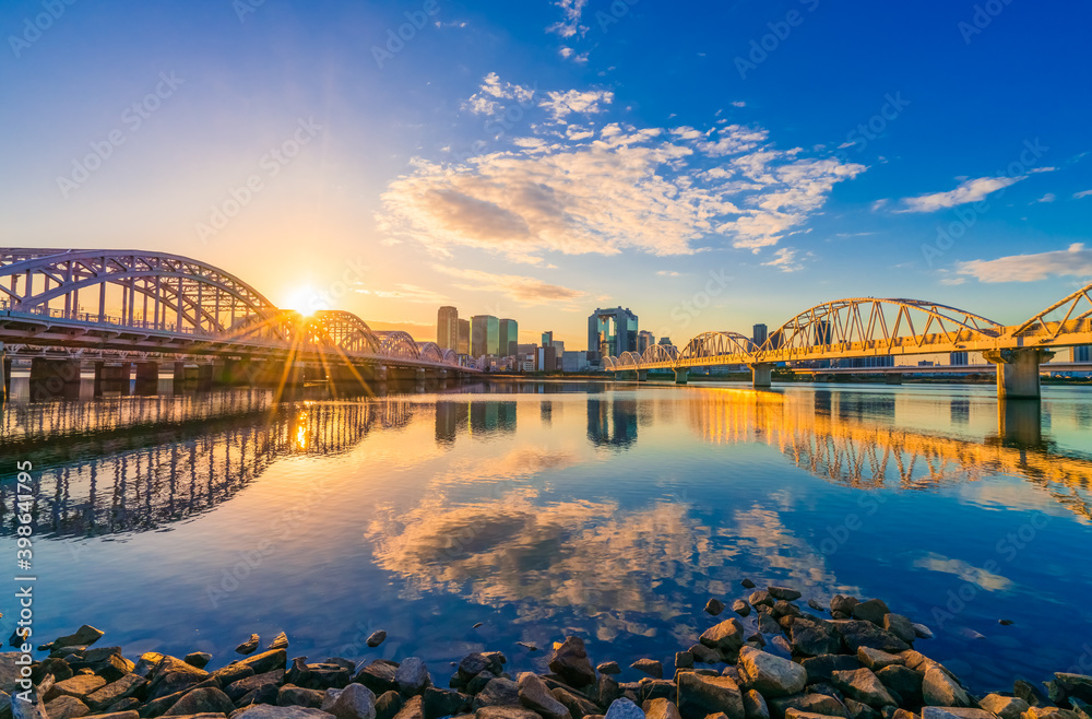 Fototapeta premium Beautiful sunrise view of Osaka city skyline. Japan 