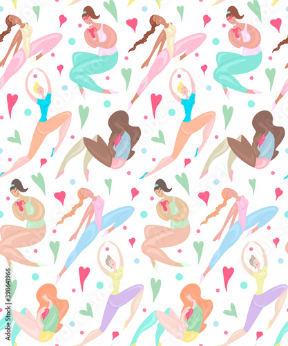 Seamless pattern of happy various sports girl jumping and exercises. Body positivity, confidence and self acceptance. The power of women and feminism. Delicate vector texture for wallpaper, fabric