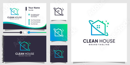 Clean house logo with modern line art style and business card design Premium Vector