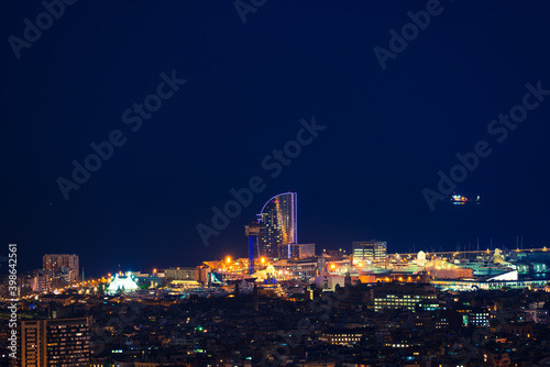 Aerial view of Barcelona city centre at night. Spain