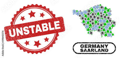 Vector Covid New Year collage Saarland Land map and Unstable unclean stamp print. Unstable stamp uses rosette shape and red color. Mosaic Saarland Land map is created of randomized virus, snow flake,