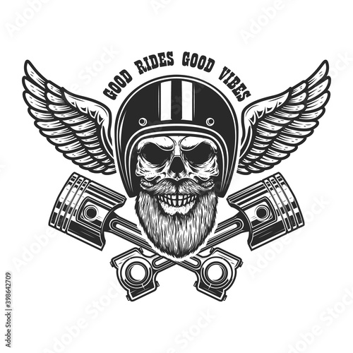 Bearded skull in racer helmet with wings and crossed pistons. Design element for logo, label, sign, emblem, poster, t shirt. Vector illustration