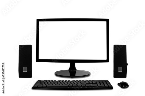 Lcd Monitor computer with a keyboard, mouse, desktop speaker, Isolated on white background.