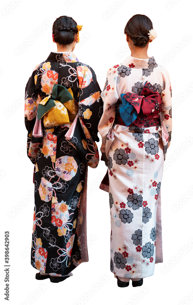 Japanese women in traditional clothes of Kimono with back view, full length isolated on white background Japanese women in traditional clothes of Kimono with back view, full length isolated on white background