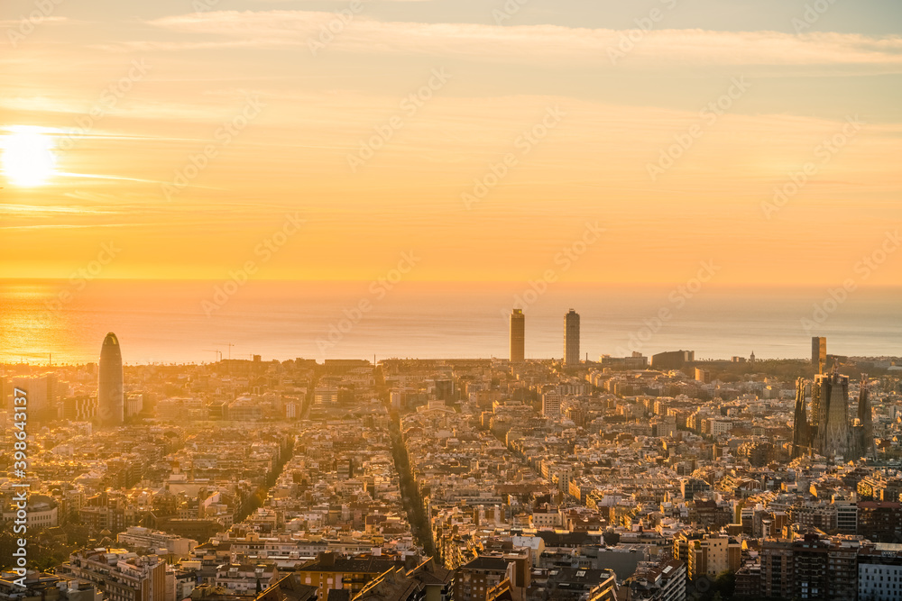Sunrise skyline view of Barcelona overlooking city downtown