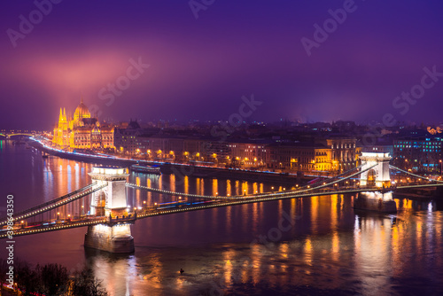 Photography Panorama of Budapest at night overlooking Chain bridge and Hungarian parliament