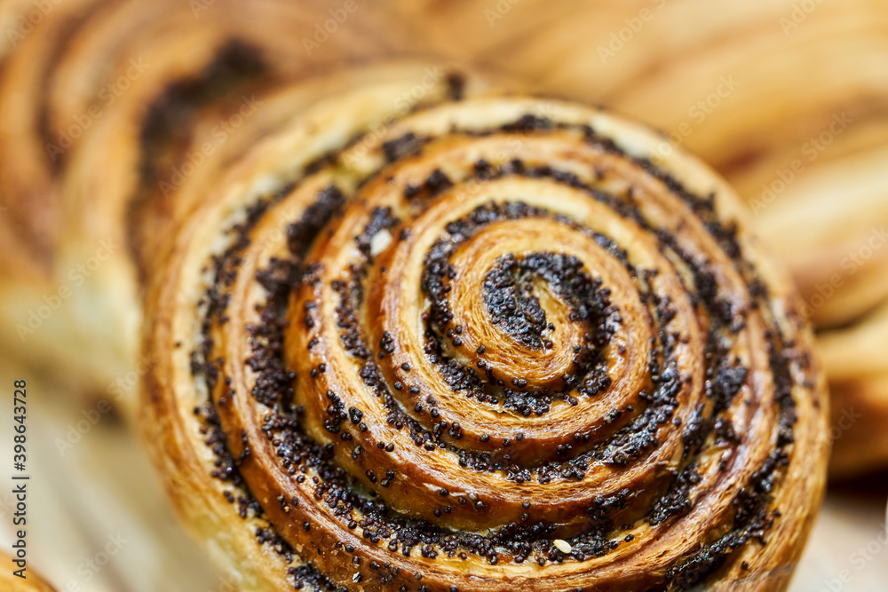 Fototapeta premium Spiral shaped poppy seed bun close up