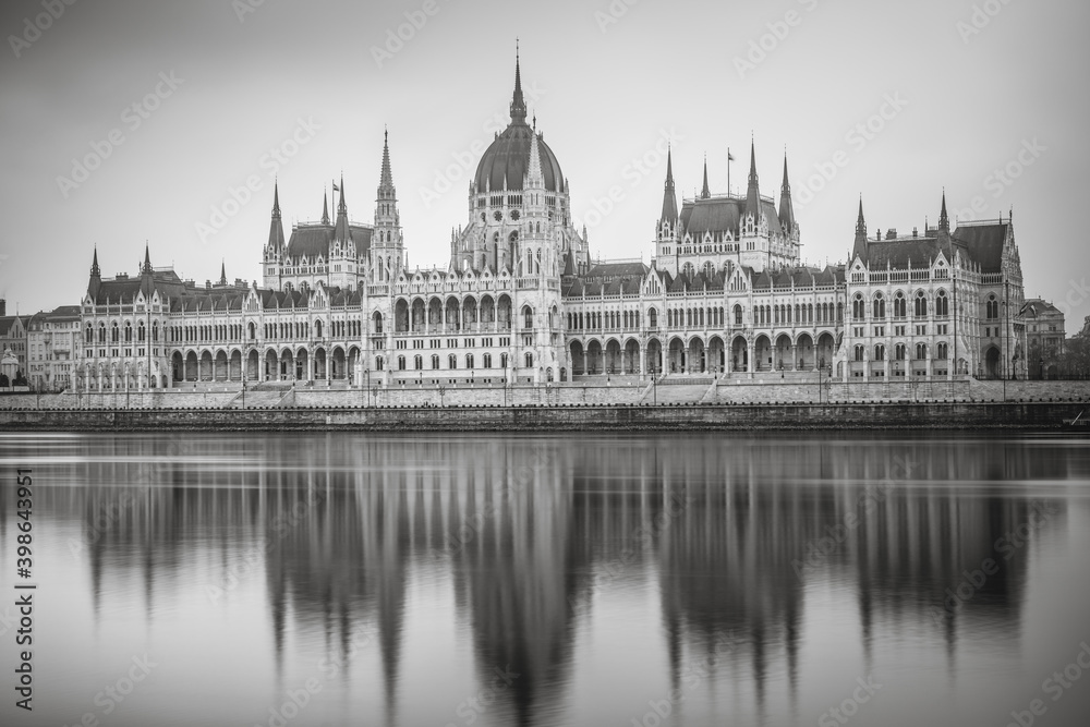 Hungarian Parliament seen in black and white. Budapest