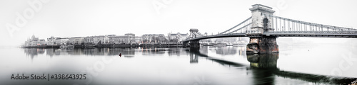 Chain Bridge panorama in black and white. Budapest. Hungary