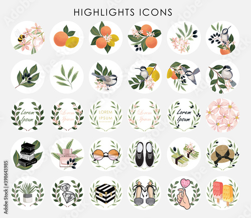 Vector illustration of Instagram Highlights cover icons. Set of beautiful flowers and fruits. Design for bloggers