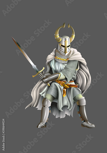 Heavy armored Crusader, Knight of Order, with a sword in his hands, vector illustration with mesh gradient