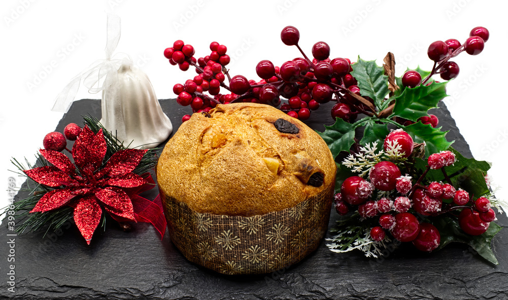 Traditional Christmas Panettone. Italian famous dessert with Christmas ornaments