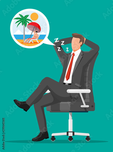 Business man character dreaming about vacation. Tired businessman or office worker sleeping on workplace. Stress at work. Bureaucracy, paperwork, deadline. Vector illustration in flat style