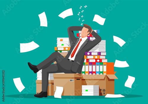 Business man character sleep in bunch of papers. Tired businessman or office worker sleeping on workplace. Stress at work. Bureaucracy, paperwork, deadline. Vector illustration in flat style