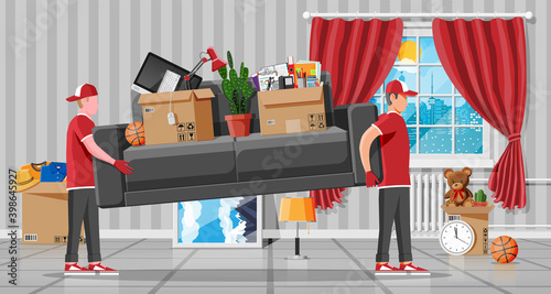 Moving to new house. Family relocated to new home. Paper cardboard boxes with various household thing. Package for transportation. Computer, lamp, clothes, books. Vector illustration in flat style