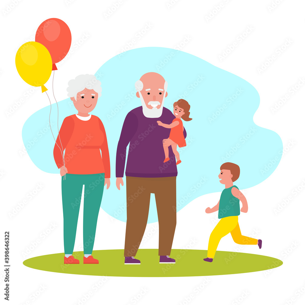 Grandparents and grandson together in park. Vector flat Grandparents and grandson together in park. Vector flat