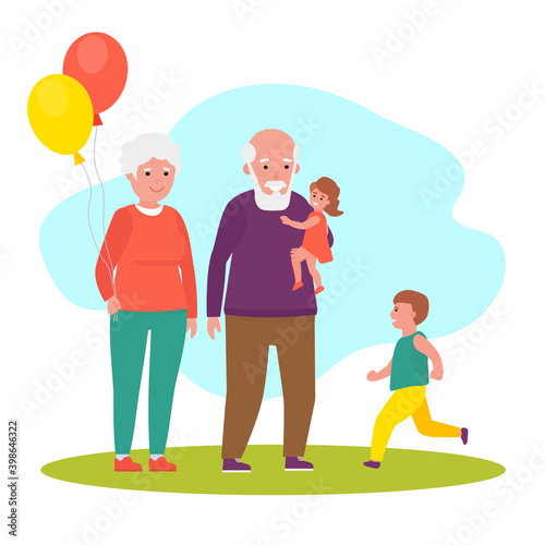 Grandparents and grandson together in park. Vector flat