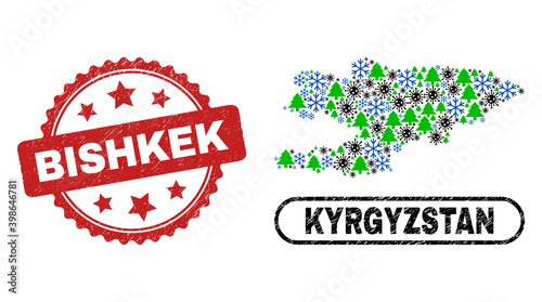 Vector pandemic New Year mosaic Kyrgyzstan map and Bishkek corroded watermark. Bishkek watermark uses rosette shape and red color. Mosaic Kyrgyzstan map is constructed from scattered virus, frost, photo