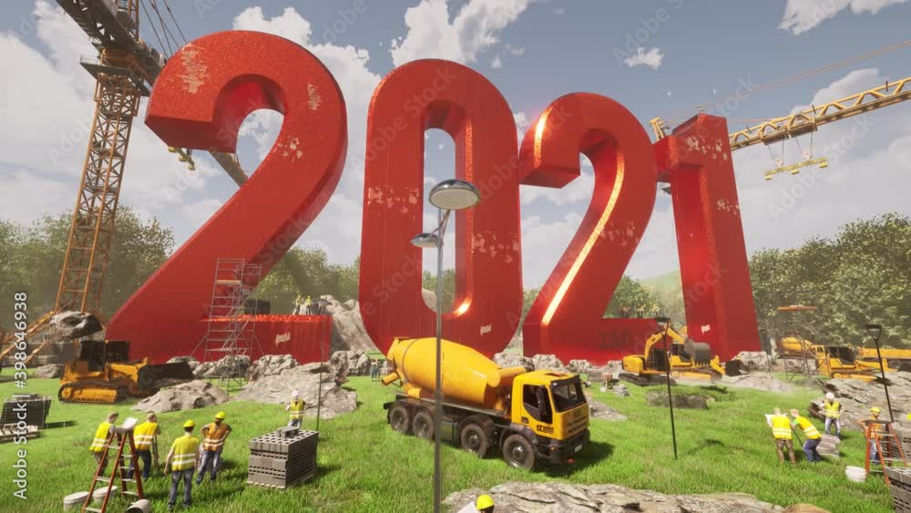 New Years 2021 sign construction 3d Rendering workers and heavy duty equipment at sun set new year building small camera move