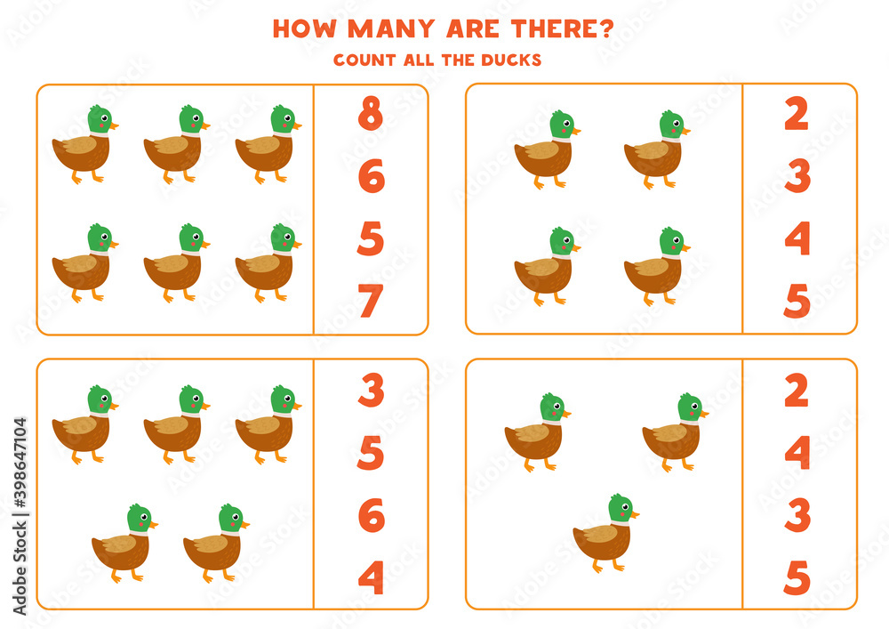 Counting game for kids. Count all cute ducks. Worksheet for children.