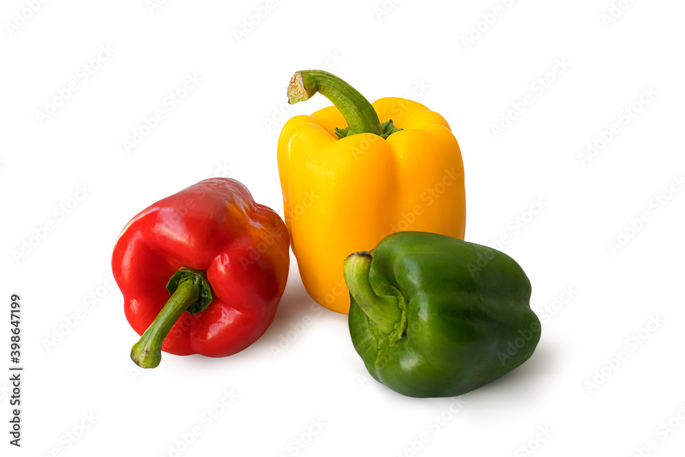 Peppers fresh three sweet red, yellow, green isolated on white background Peppers fresh three sweet red, yellow, green isolated on white background