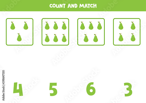 Count all pears and match with correct answer. Educational math game for kids.