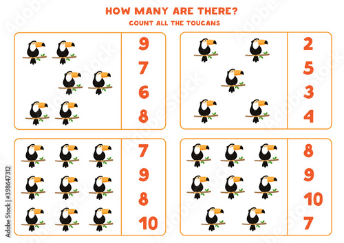 Count all toucans and circle the right answer. Math game for preschool kids.