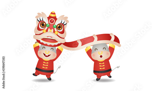 Two cute ox performing lion dance together for Lunar new year 2021. Chinese style vector isolated on white.