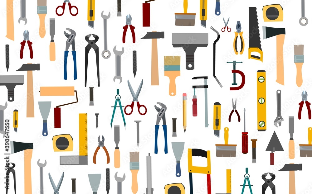 Construction tools. Background. For work as a painter, carpenter, builder, handyman. Repair and construction services. Sale of tools. Hammer, pliers, saw, scissors, brushes. Construction tools. Background. For work as a painter, carpenter, builder, handyman. Repair and construction services. Sale of tools. Hammer, pliers, saw, scissors, brushes.
