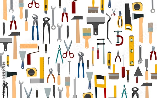 Construction tools. Background. For work as a painter, carpenter, builder, handyman. Repair and construction services. Sale of tools. Hammer, pliers, saw, scissors, brushes.