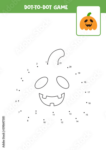 Connect the dots game with cartoon Halloween pumpkin. Educational worksheet.