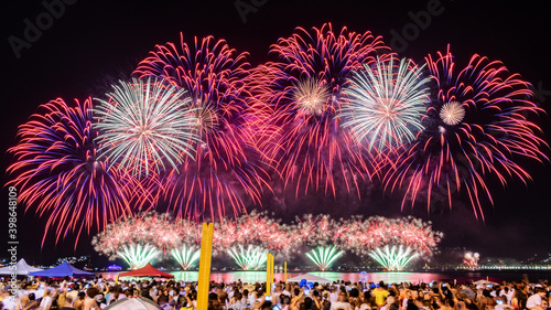 NITERÓI, RIO DE JANEIRO, BRAZIL: Photos of the arrival of the New Year (Réveillon). Event with party, shows and fireworks. People flock to see the light and colors of pyrotechnic explosions on a beach