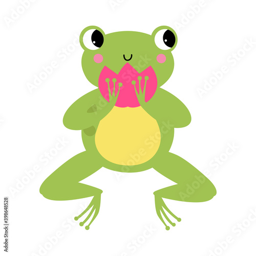 Funny Green Frog with Protruding Eyes Holding Waterlily Flower Vector Illustration