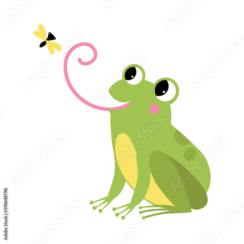 Green Frog with Protruding Eyes Catching Fly with Its Long Tongue Vector Illustration