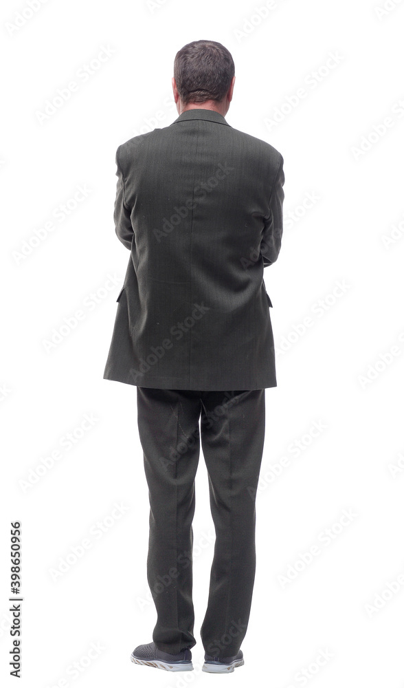 rear view. mature man reading an ad on a white screen. rear view. mature man reading an ad on a white screen.