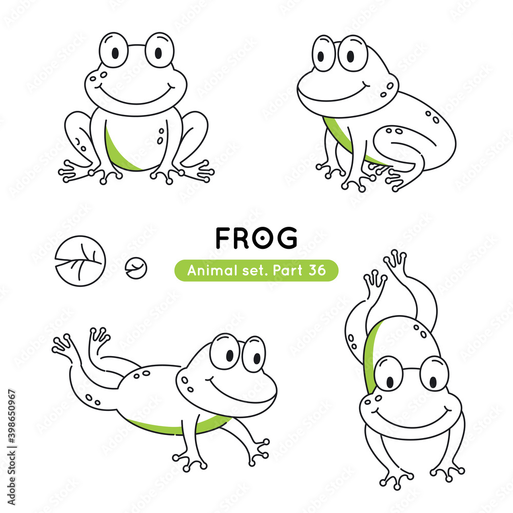 Obraz premium Set of doodle frogs in different poses. Collection of outline characters isolated.