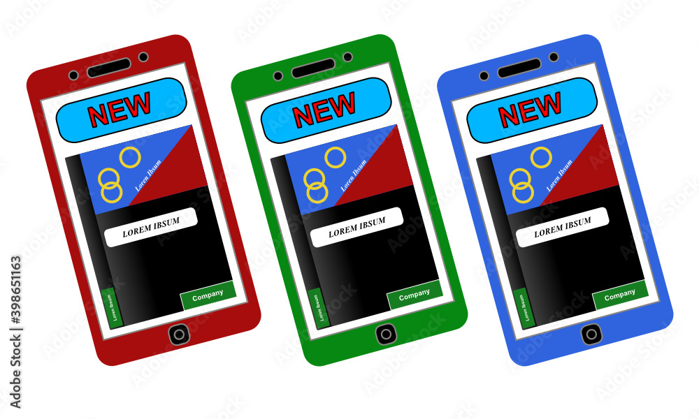 Drei nach links geneigte Smartphones in den RGB Farben rot, grün und blau vor weißem Hintergrund